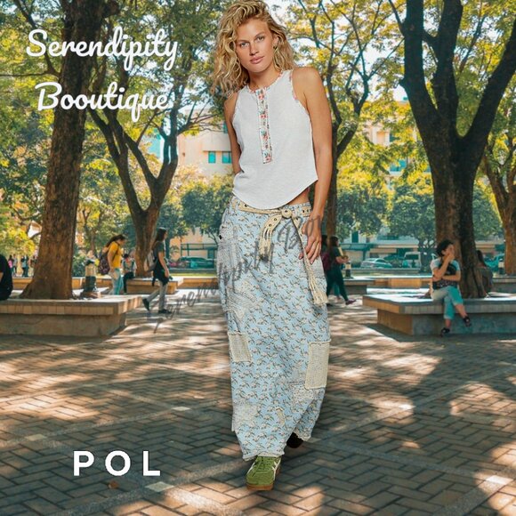 POL Boho Pastels with a Grunge Flare Patchwork Floral Raw Edge Denim Jean Skirt - Picture 6 of 8